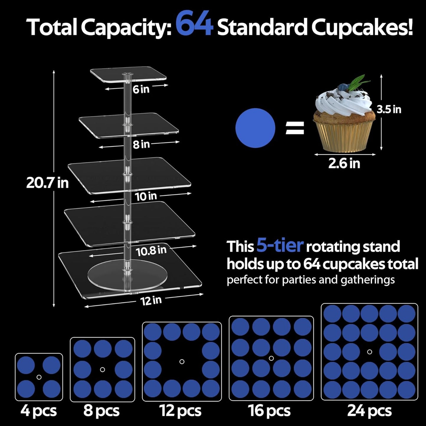 5-Tier Rotating Cupcake Stand, Clear Acrylic 360° Spinning Dessert Display Tower for Cakes & Pastries, Serving Stand for Weddings, Birthdays, Parties - Square