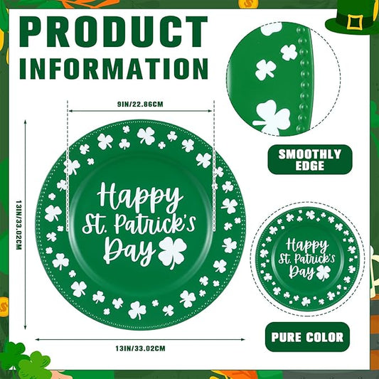 Yungyan 6 Pcs St Patricks Day Plastic Charger Plates 13 Inch St Patricks Day Round Resuable Charger Plates Large Shamrock Plate for Holiday Party Decorations Dinner Tableware Supplies