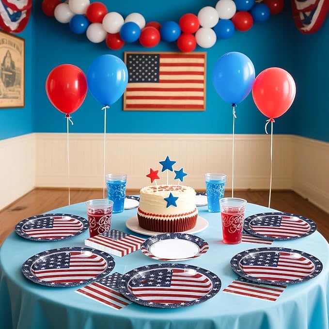 Grencian American Flag Patriotic Party Supplies Veterans Day Patriotic Paper Plates and Napkins USA Flag Themed Disposable Tableware for Veterans Day 4th of July Party Decorations Serve 24