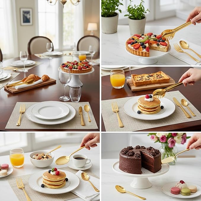 6 PCS Premium Stainless Steel Serving Utensils Set, Large Serving Spoons Slotted Spoons, Forks, Ice Tongs, Cake Server, Soup Ladle, Metal Flatware Set for Buffet Catering Banquet Home Party (Gold)