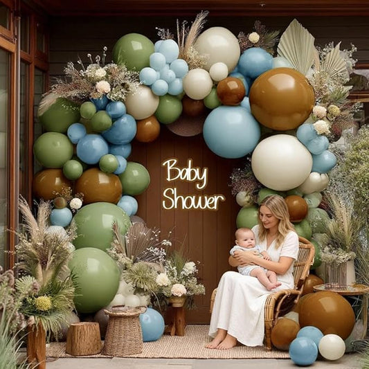 Blue Green Brown Balloon Garland Double Stuffed Dusty Blue Sage Green Balloons Olive White Sand Latex Balloon Arch Kit for Bear Baby Shower Birthday Woodland Wild One Party Decorations