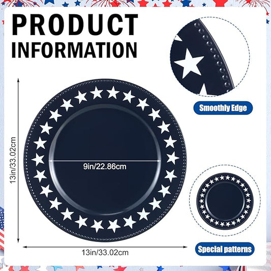 Yungyan 6 Pcs 250 Anniversary Charger Plates 13 Inch Round Navy Blue Independence Patriotic 4th of July Star Plastic Plates Large Charger Plate for Party Decorations Dinner Tableware Supplies