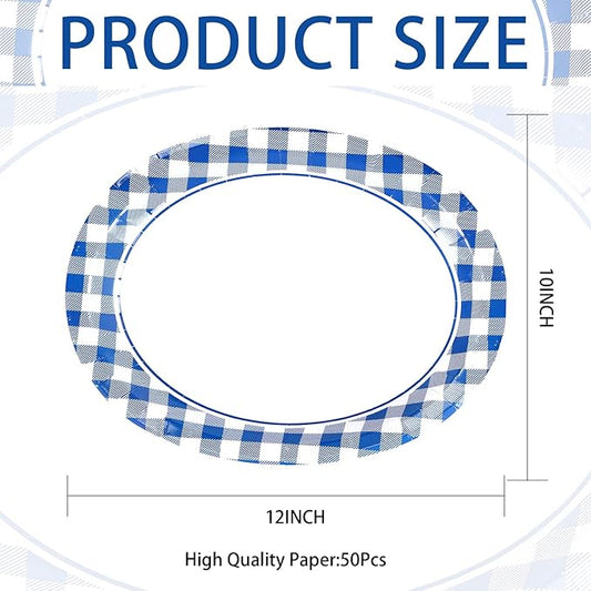 50Pcs Blue and White Gingham Oval Paper Plates 10" x 12" Large Blue Gingham Checkered Plaid Plates Disposable Heavy Duty Oktoberfest Plate for Oktoberfest Holiday Picnic BBQ Birthday Party Decorations
