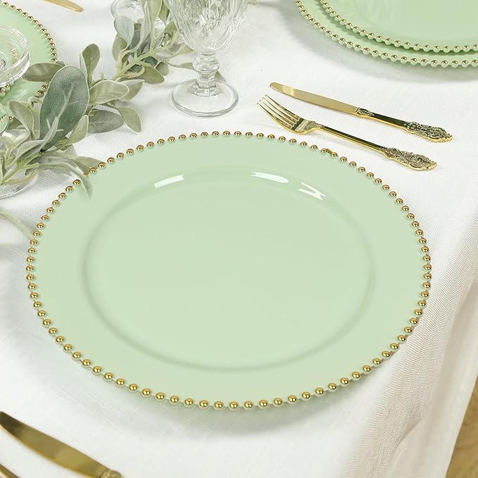 Efavormart 10-Pack Economy Plastic Charger Plates 13" Round Sage Green with Gold Beaded Rim - Stylish Dinner Party Serving Plates