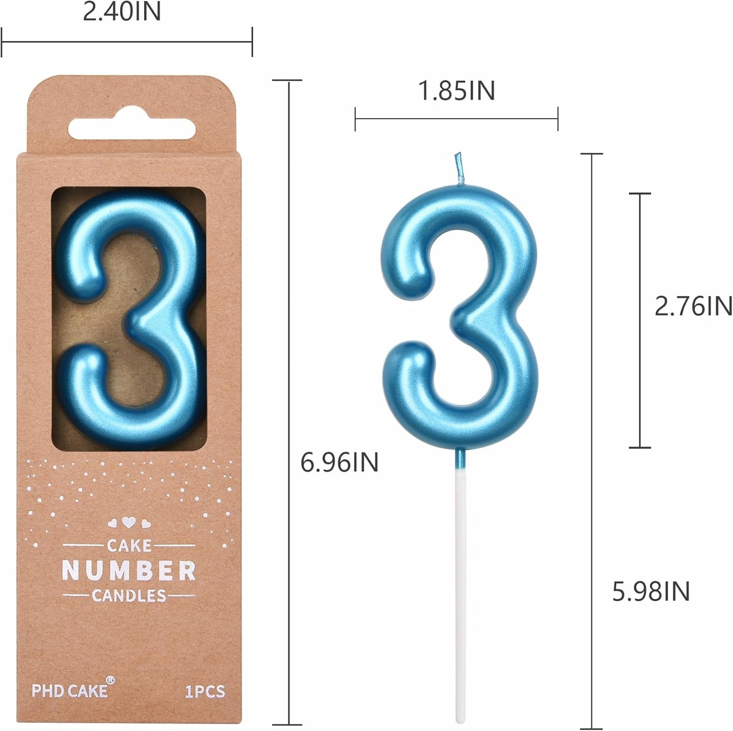 PHD CAKE 2.76 inch Classical Blue 3 Number Birthday Candles, Blue Number Candles, Cake Number Candles, Party Celebration