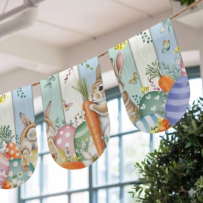 Easter Banner 3Pcs Indoor Outdoor Hanging Banner Flag Spring Rabbit Eucalyptus Leaves Eggs Wooden Sign for Fireplace Mantel Decorative Bunting Garland Valance for Shop Door Mantle Decor 9.8"x15.8"