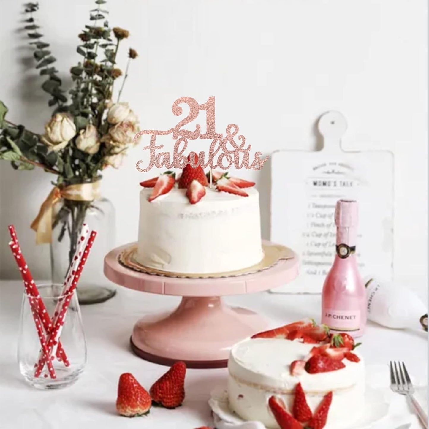 1 PCS 21 & Fabulous Cake Topper Glitter Twenty One and Fabulous Cake Toppers Happy 21st Birthday Cake Pick for 21st Wedding Anniversary Birthday Party Cake Decorations Supplies Rose Gold