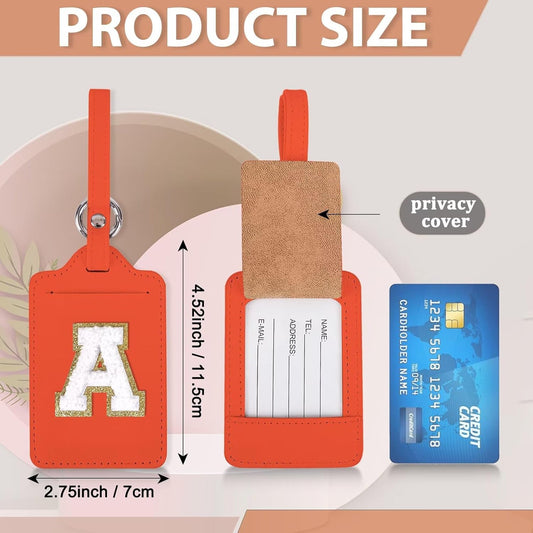XSUIOY Personalized Initial Luggage Tags, Leather Chenille Letter Cute Luggage Tags with Privacy Name Card, Embroidered Travel Bag Backpack Tags Gifts for Women Kids Girls Teens (Orange, 1 Pack)