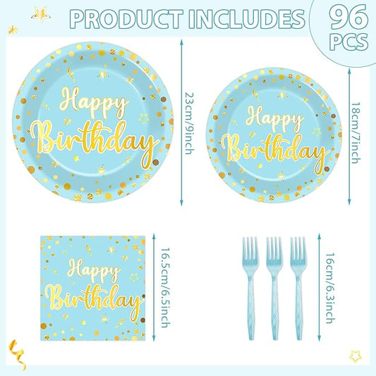 CHUNNIN 96PCS Blue Birthday Plates and Napkins Birthday Party Decorations Light Blue and Gold Dessert Plates Tableware for 24 Guests Kids Party Supplies