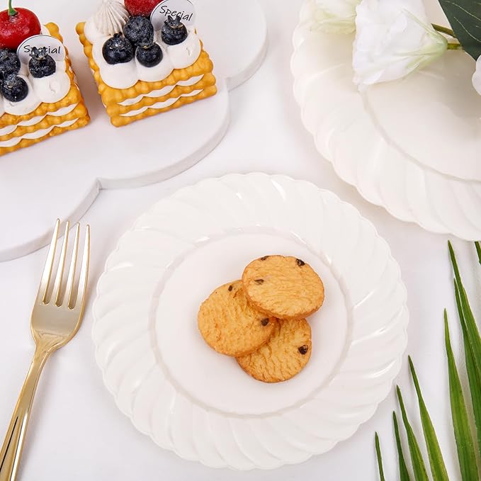 U-QE 100 Piece Ivory Scalloped Plastic Plates for Party - Plastic Plates Disposable Heavy Duty - High End Disposable Plates for Wedding Including 50PCS 9 '' Dinner Plates & 50PCS 6.5 '' Dessert Plates