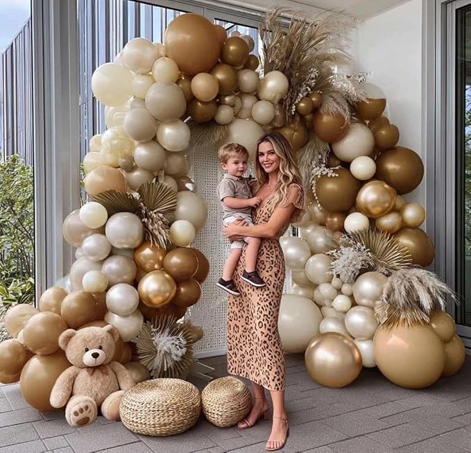 Brown Balloon Garland Arch Kit Double Stuffed, Pearl White Sand Tan Coffee Beige Apricot Ivory Gold Neutral Balloon for Boho Baby Shower Birthday Wedding Bear Gender Safari Party Decoration