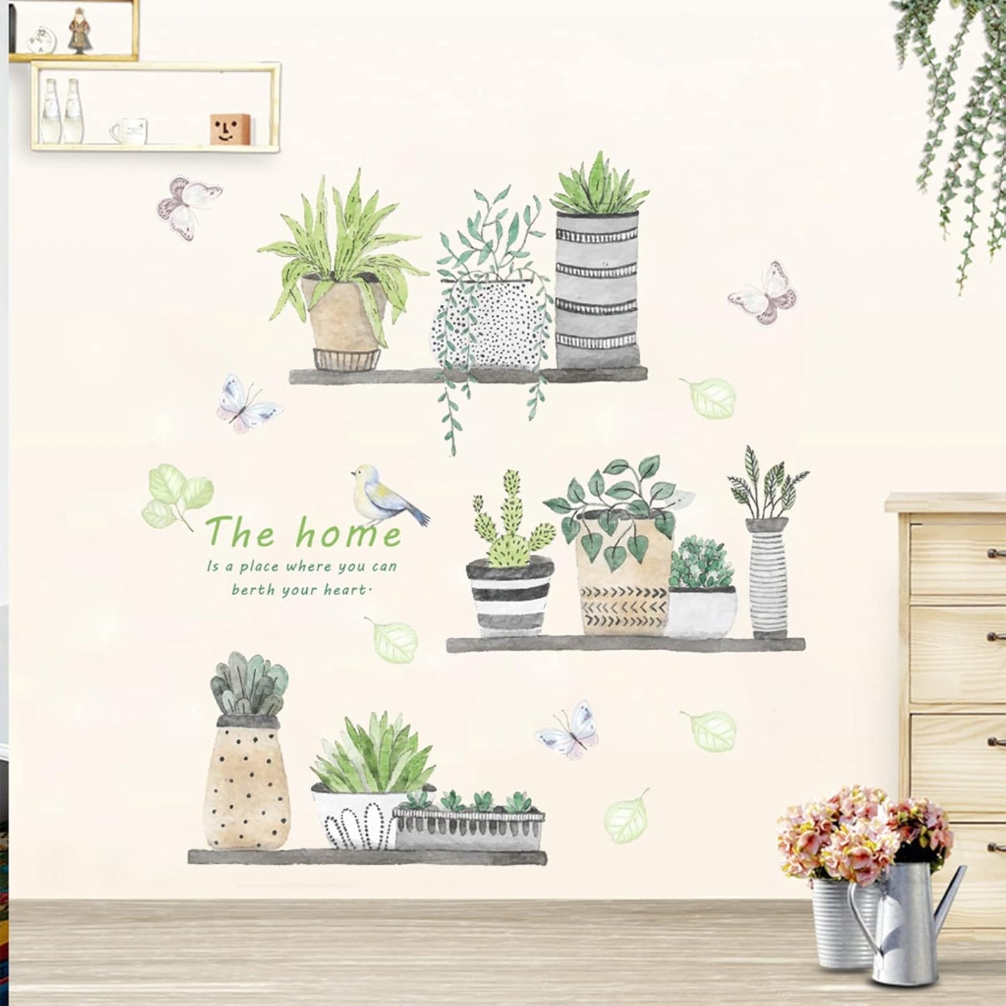 2 Set Plant Wall Decals Kitchen Wall Stickers Wall Decor Murals for Bathroom Bedroom Living Room Wall Art Decal Boho Hanging Shelves Tree Wall Decal Room Decor 3D Wall Art Decoration Peel and Stick
