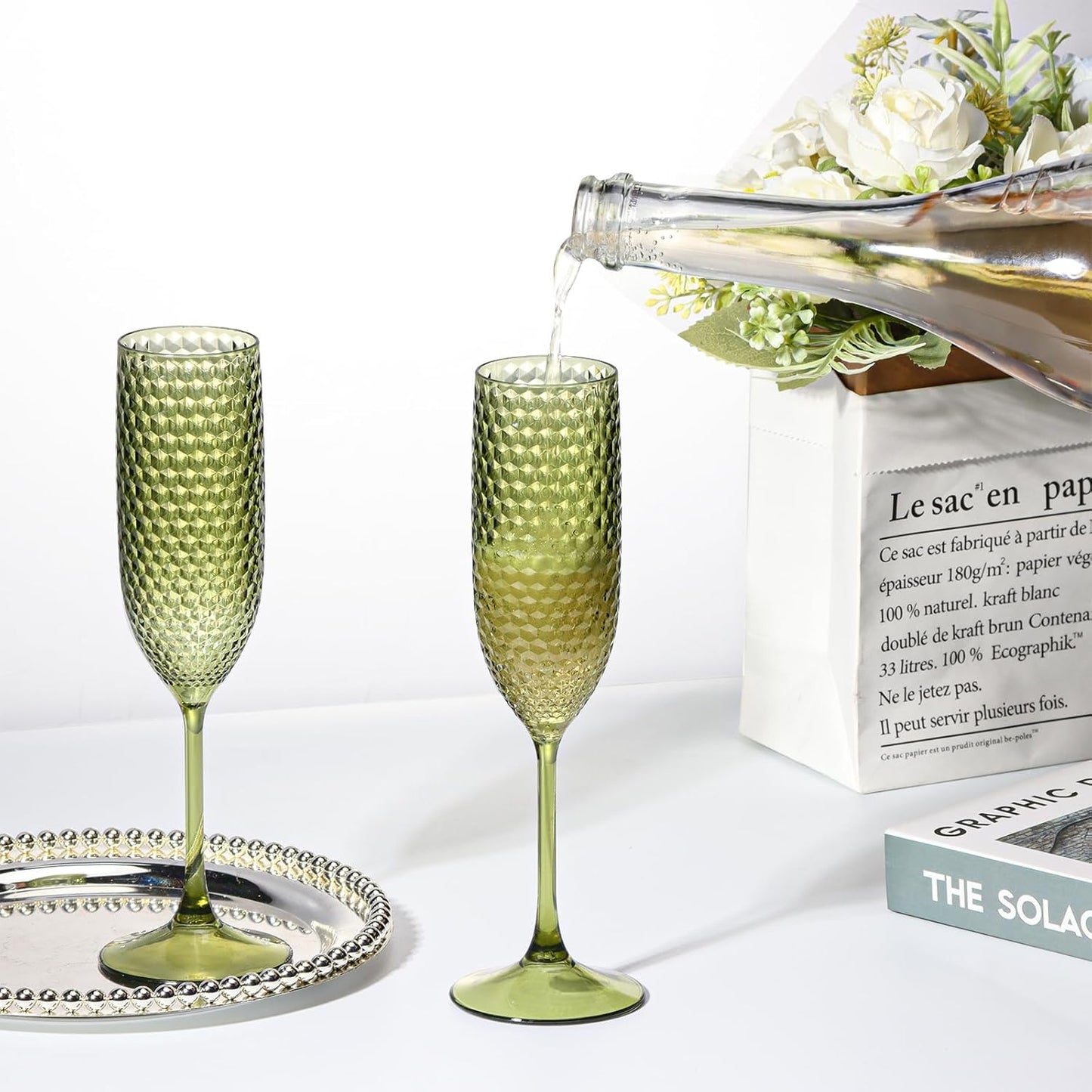 Plastic Champagne Flutes Champagne Glasses Unbreakable Wedding Toasting Glasses Reusable Diamond Wine Glasses Crystal Clear Party Wine Cups Vintage Drinking Glasses 5.5 OZ for Wedding (24, Green)
