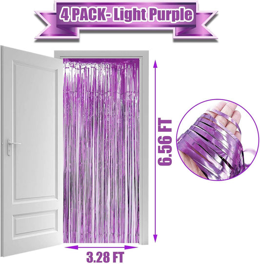 4 Pack Light Purple Foil Fringe Curtain Backdrop, 3.28Ft x 6.56Ft Metallic Tinsel Foil Fringe Streamers Curtains for Photo Booth, Wedding, Thanksgiving, Birthday, Christmas, Halloween Party Decoration