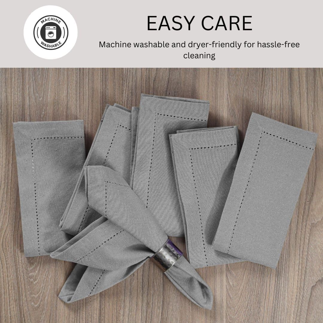 Hemstitch Cloth Dinner Napkins 100% Cotton Set of 12 - for Dining Special Occasions Weddings Parties Holidays Easter - Soft Durable Washable - 18x18 Inch Table Cloth Napkins Light Grey