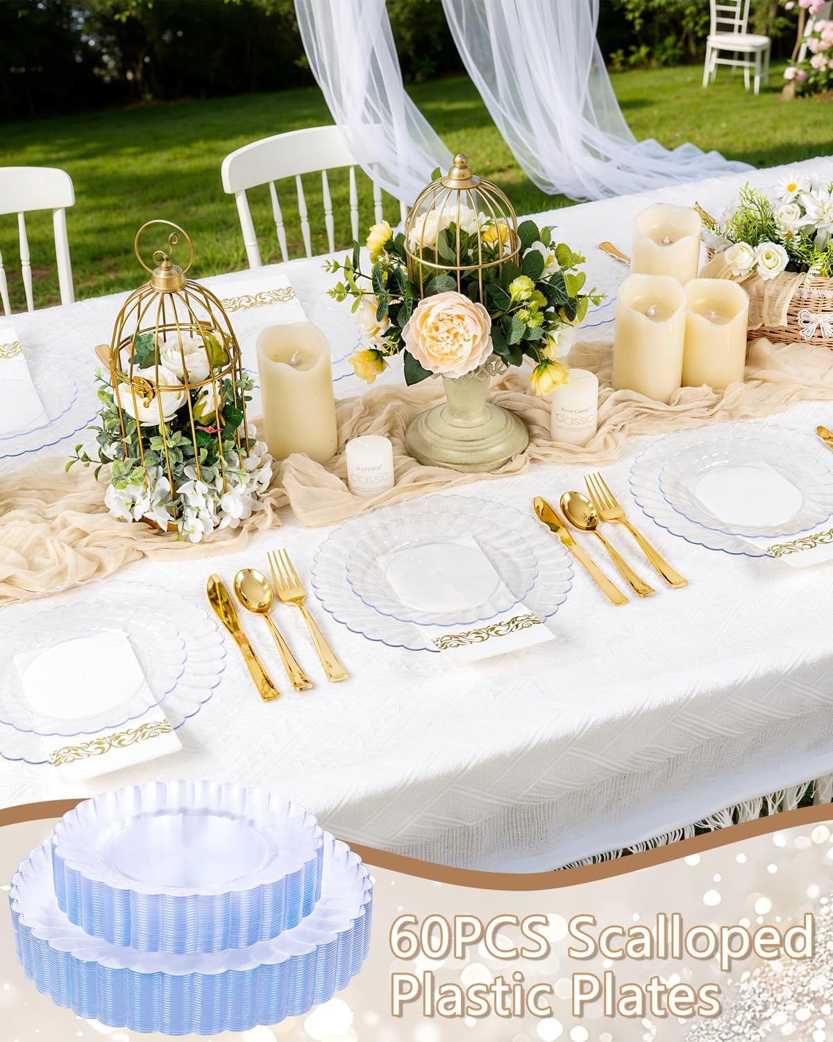 YOUBET 60PCS Clear Scalloped Plastic Plates - Premium Hard Disposable Facny Plastic Plates include 30 Dinner Plate, 30 Dessert Plate for Party & Wedding & Thanksgiving