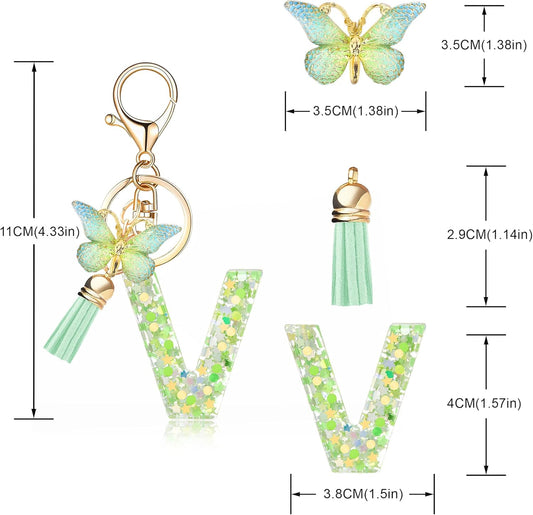 Fashion Alphabet Initial Letter Keychain Tassel Butterfly Pendant Key Ring for Purse Handbags Women Girl