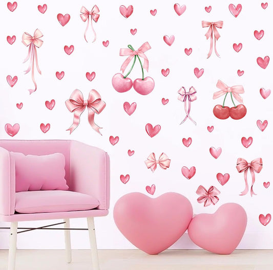 58pcs Bowtie and Cherry Room Decor Pink Wall Stickers and Decals for Bedroom Bathroom and Living Room Cherry Wall Sticker and Decal Bow Decor