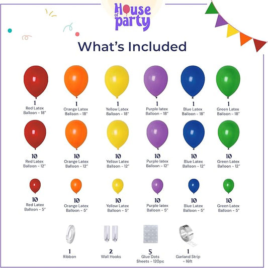 HOUSE OF PARTY Rainbow Balloon Arch Kit -135 Pcs Colorful Pride Balloons Included for Balloon Garland, Arch, and Fiesta Decorations for Easter Party, Baby Girl Birthday and valentines decor