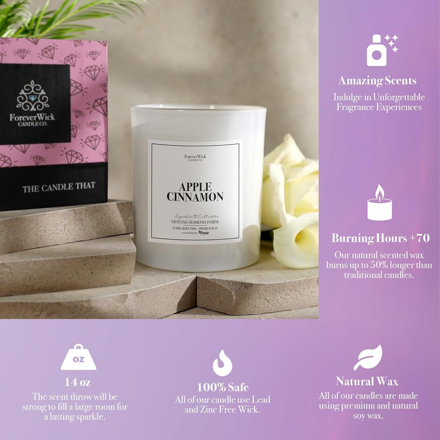 Apple Cinnamon Surprise Candle with Diamond Inside | Foreverwick Candles | Scented Soy Candles Gifts for Women Aromatherapy Candle Wax | Romance Candles All-Natural Organic Soy Candle 14oz | 70h
