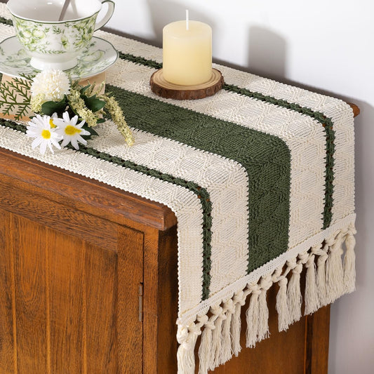 Socomi Boho Table Runner Fall Thanksgiving Farmhouse Rustic Dining Kitchen Centerpiece Decor Small Macrame Woven Cotton Linen Coffee Table Runner for Dresser Scarf Home Decor 12x60 inch Olive Green