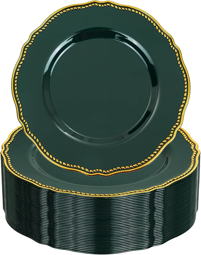 Hioasis 60pcs Green Plastic Plates - Green and Gold Disposable Dinnerware with Gold Rim, Heavy-duty, 7.5 inch, Dessert Plates for Party & Christmas& St. Patrick's Day