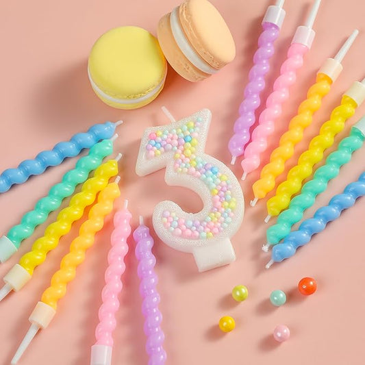 PHD CAKE Number 3 Birthday Candle – Macaron Glitter with Rainbow Spiral Candles & Holders