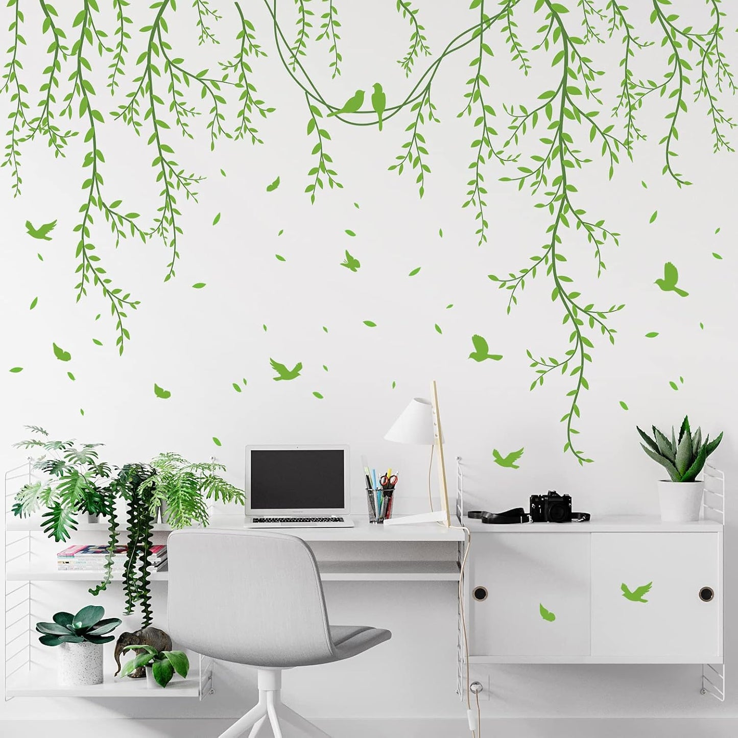 Hanging Willow Branch Wall Stickers DIY Green Vine Leaf Plant Wall Decals Peel and Stick Grass Birds Butterfly Art Mural Decortions for Kids Baby Girls Nursery Bedroom Living Room Offices Classroom (Green)