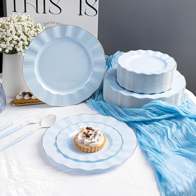 HIGH END 100 Pcs Blue Wave Plastic Plates with Gold Trim, Fancy Disposable Plate Sets Include 50 Dinner & 50 Dessert Plastic Plates, Elegant Disposable Plate Set For Party, Thanksgiving (50 Guests)