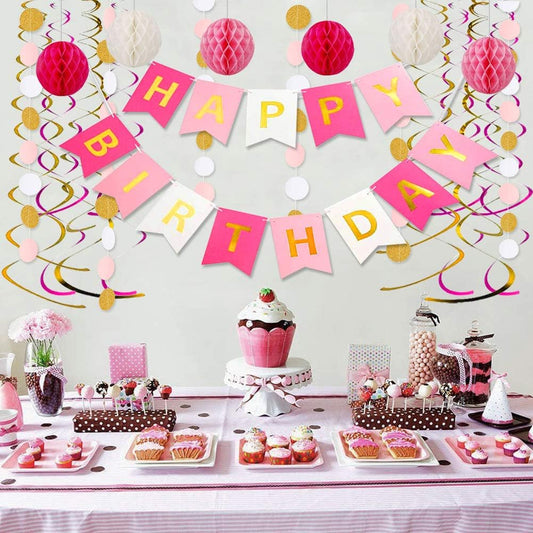 Pink Birthday Decorations with Happy Birthday Banner, Paper Honeycomb Balls, Circle Garland and Hanging Swirl Decorations