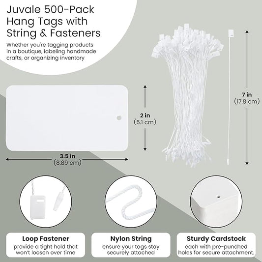Blank Hang Tags with String & Fasteners – 2 x 3.5 in Cardstock Paper Tags for Labeling, Pricing, and Gifting, Perfect for Crafts, Retail, and Events – 500-Pack for Easy Organization