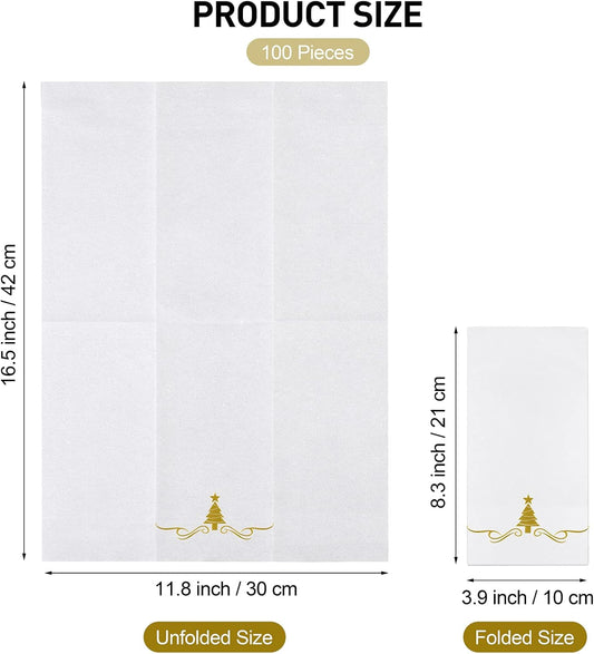 100 Pack Christmas Disposable Guest Napkins 12 x 17 Inch Gold Foil Christmas Trees Napkins Xmas Tree Hand Towels for Bathroom Kitchen Weddings Christmas Holiday Party
