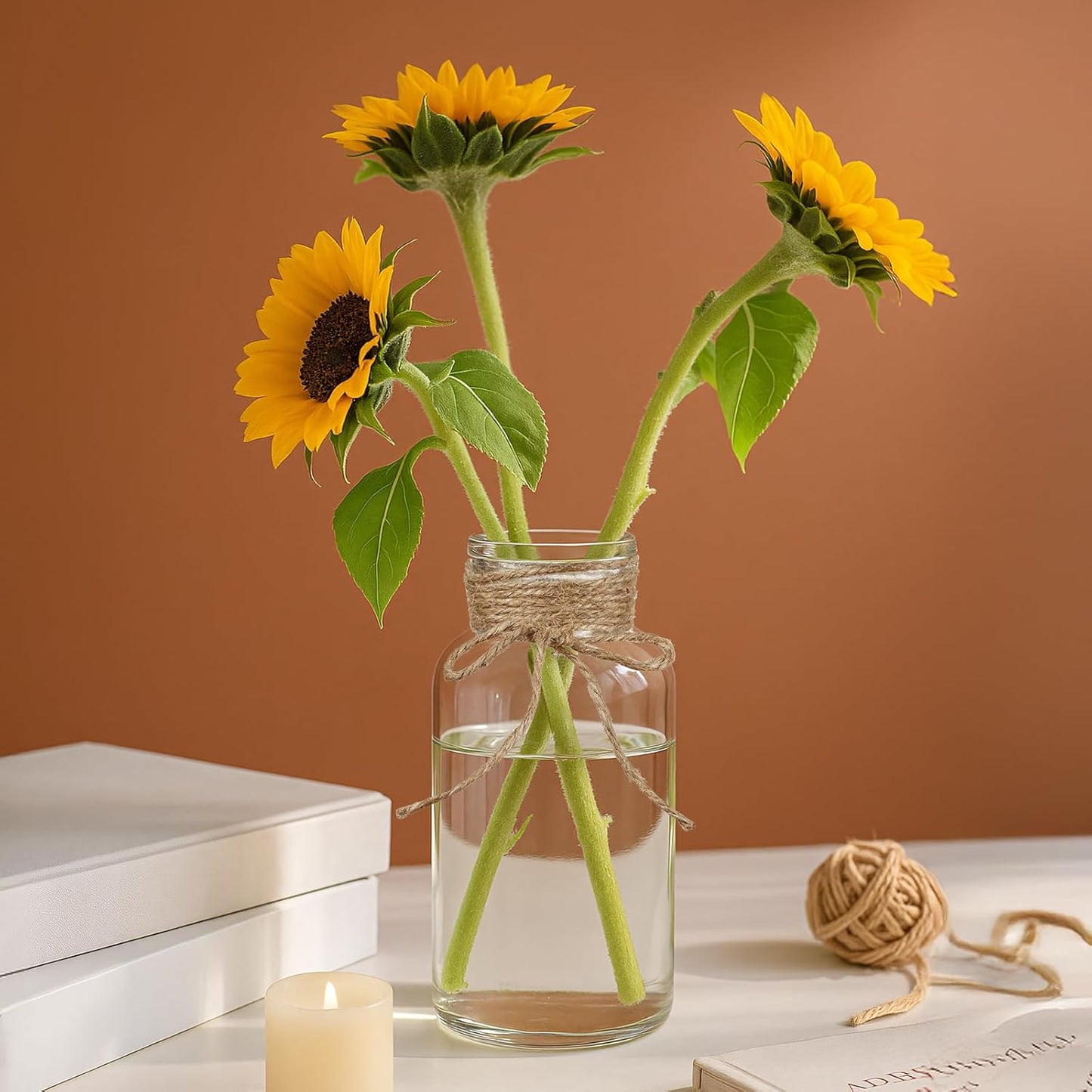 Vintage Glass Flower Vase Bulk 16 Pack Farmhouse Transparent Centerpiece Vases with Hemp Rope Mason Jars for Weddings Parties Dining Table Home Decor(Medium)