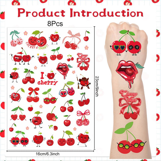 Cherry Temporary Tattoos Stickers - 200+ Cherry Birthday Decorations Cute Red Cherries Fake Tattoo Gifts for Kids Girls Funny Fruit Themed Party Favors Supplies Women Men Prizes Rewards