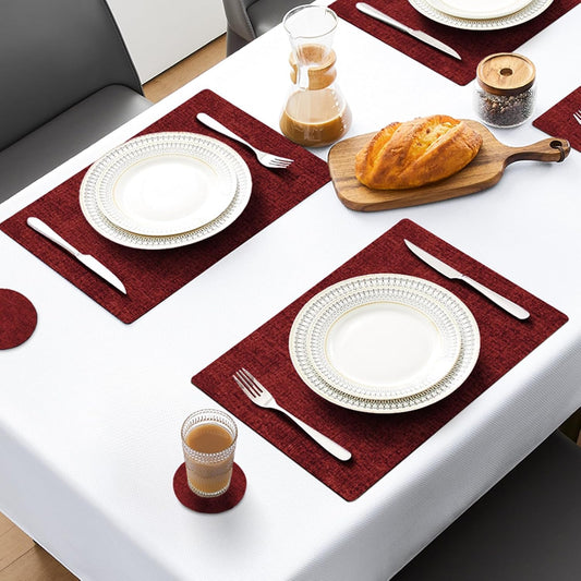 MOSAYT Faux Leather Placemats Set of 12, Heat Resistant Vinyl Place Mats with Coasters, Wipeable Washable 100% Waterproof Oil Proof Table Mats for Kitchen Dining Party Indoor Outdoor, 12" x 18", Red