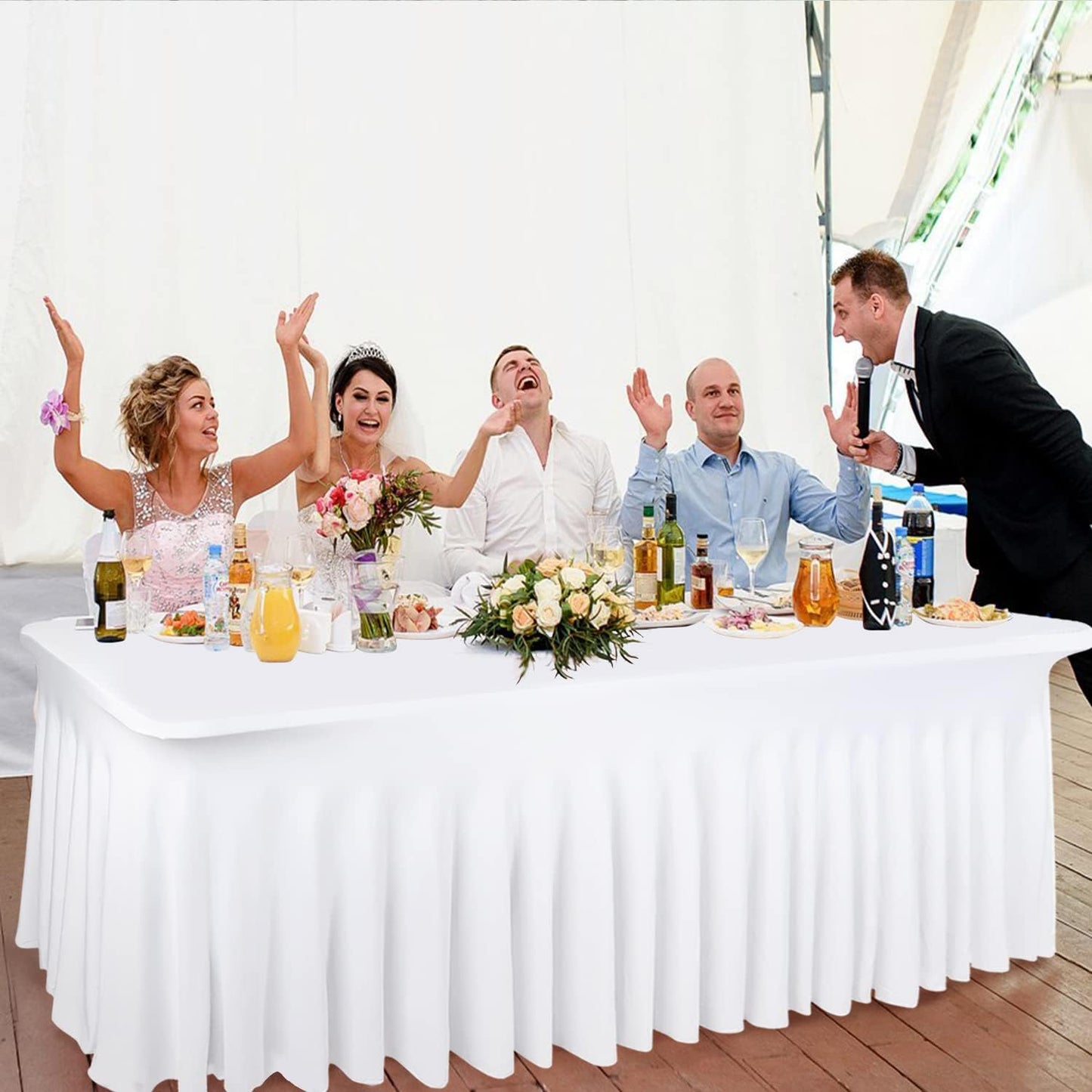 CoFashion Table Skirt for 6ft Tables Spandex White Table Cover with Skirt 3 Packs Stretchy Tablecloth Wrinkle-Resistant Ruffles Elastic Table Covers for Wedding, Banquet, Birthday Parties