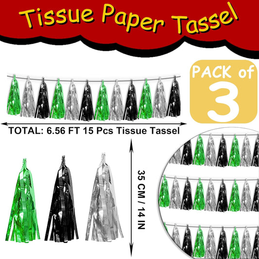 3P Black Silver Green Tassel Banner Garland Metallic Foil Fringe Banner Tinsel Tassels Streamer Banner Backdrop for Parade Floats, Graduation Decorations, Halloween, Christmas Decorations