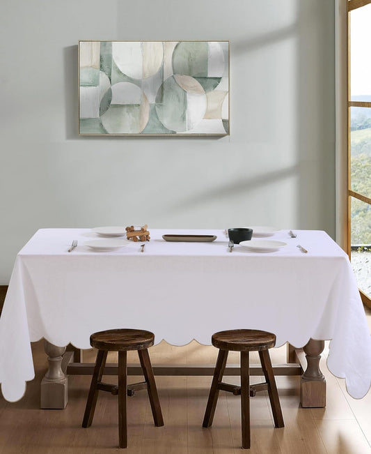 100% Pure Linen Scalloped Embroidery Rectangle Tablecloths 108Lx60W Inch for Dinners, Parties, Spring, Machine Washable, 8-10 Sets, White(Edges-Gold)