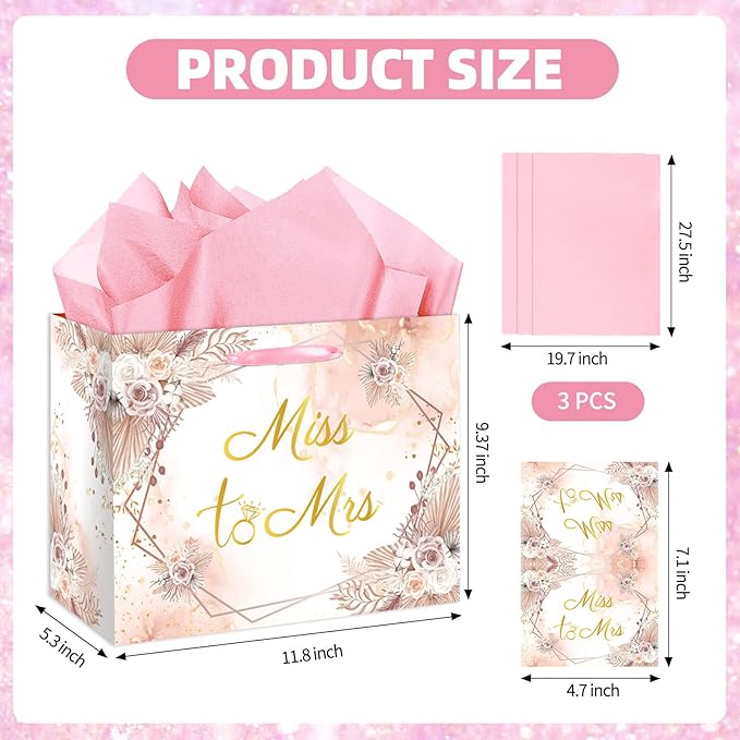 EIGHTSTATES Floral Boho Bridal Shower Gift Bag - Pink Miss to Mrs Wedding Gift Bags with Card & Tissue Paper - Bridal Shower Party Favors, Bachelorette Party Supplies & Wedding Gift Wrapping