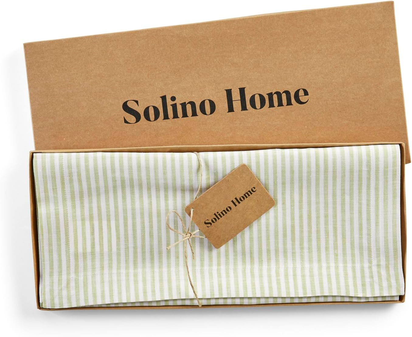 Solino Home Linen Table Runner 72 Inches Long - Narrow Stripe, 100% Pure Linen Sage and White Table Runner 14 x 72 Inch for Dining, Dresser, Fall, Autumn, Halloween, Thanksgiving, Christmas