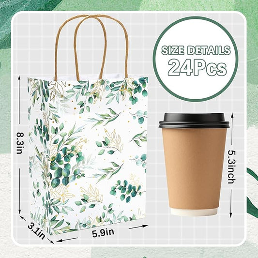 JarThenaAMCS 24Pcs Greenery Kraft Paper Gift Bags Green Gold Eucalyptus Leaves Treat Bags with Handles Candy Goodie Bag for Birthday Wedding Baby Shower Party Supplies