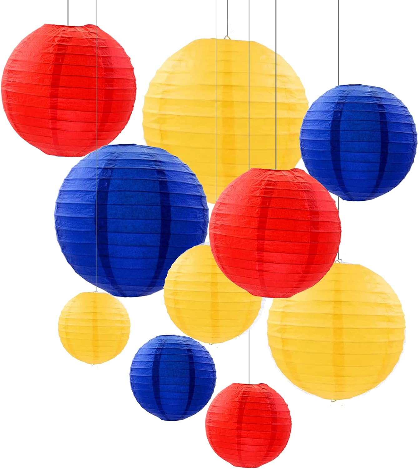 ZOOYOO 10Pcs Paper Lanterns,Red Blue Yellow Round Hanging Tissue Paper Lanterns Decorations for Kids Birthday,Party Garden Home Decor