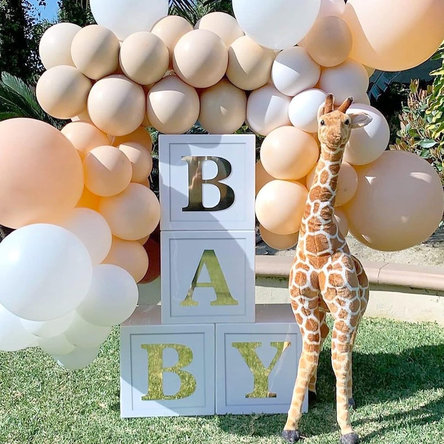 Baby Shower Boxes Party Decorations - 4pcs Stereoscopic White Gold Boxes with Gold Baby+A-Z Letters,Babe Balloon Party Box Blocks for Teddy Bear BabyShower,Boy Girl 1st Birthday Parties Backdrop