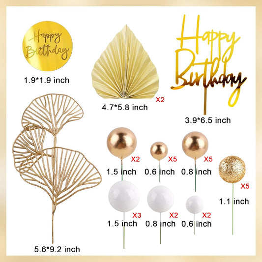 MEMOVAN White Gold Balls Cake Toppers Champagne Rose Cake Decoration with Gold Palm Leaves Boho Birthday Cake Decoration Balloon Cake Insert for Birthday Bohemian Wedding Baby Shower Party