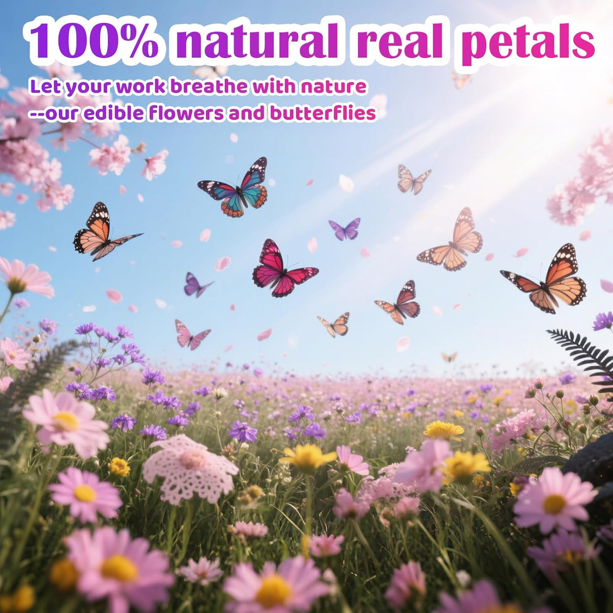 50 Pcs 10 Kinds Real Natural Edible Wildflower Cake Toppers & Edible Butterflies Wedding Cake Toppers, Edible Cake Decorations for Birthday, Cake Decorating Kit for Wedding,