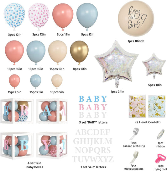 Amandir 164PCS Gender Reveal Balloon Boxes Decorations, Dusty Pink and Blue Balloon Garland Kit 4pcs Boxes with Letters (A-Z+ Baby) for Baby Shower Birthday Boy or Girl Gender Reveal Party Supplies