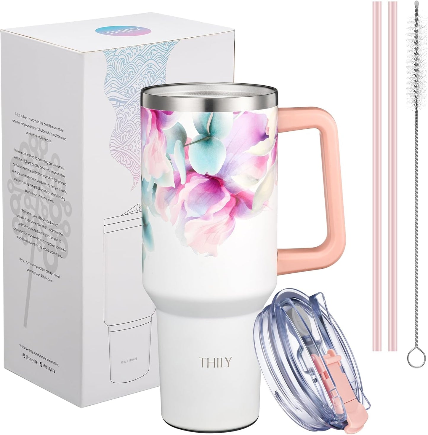 THILY 40 oz Stainless Steel Tumbler with Handle - Vacuum Insulated Travel Cup, Splash-Proof & Leakproof Lid, 2 Straws & Brush | Keeps Cold 34H/Hot 12H, Cupholder Friendly, Pink Lilies