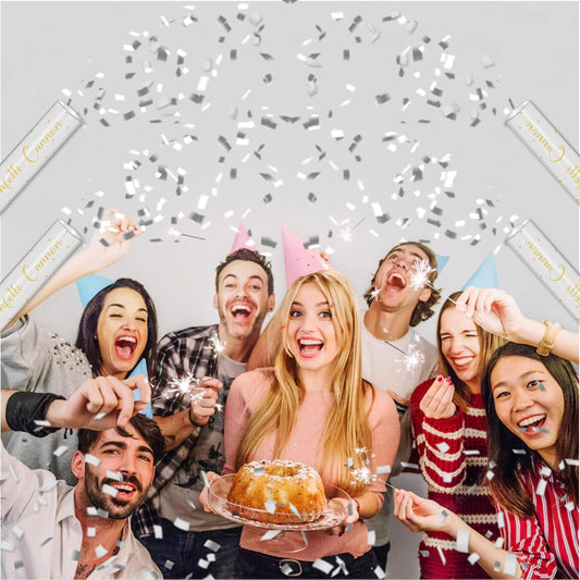 12" Silver & White Confetti Cannons - Party Poppers for Birthday Graduation Retirement Wedding New Year Celebrations - Easy to Use - Pack of 4