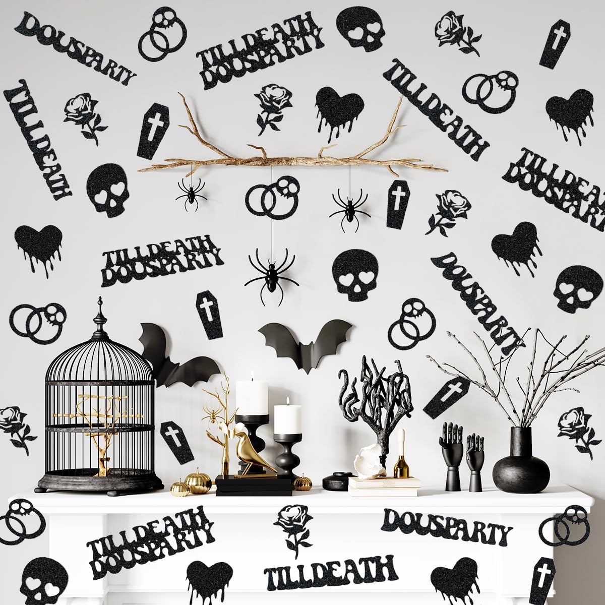 Till Death Do Us Party Confetti, Glitter Halloween Bachelorette Party Table Decorations, Skull Ring Heart Confetti for Gothic Halloween Bachelorette Weeding Bridal Shower Party Decorations(115pcs)