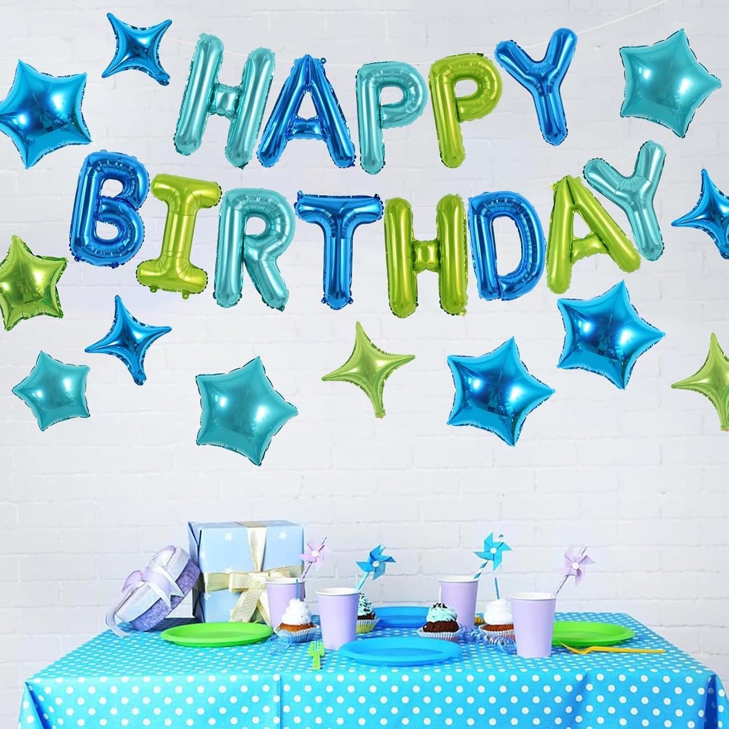 TONIFUL 35PCS Blue Green Happy Birthday Decorations Kit 16 Inch Happy Birthday Balloon Banner with Star Balloons Mylar Foil Birthday Party Decorations Supplies for Men Women Adults Girls Boys Kids